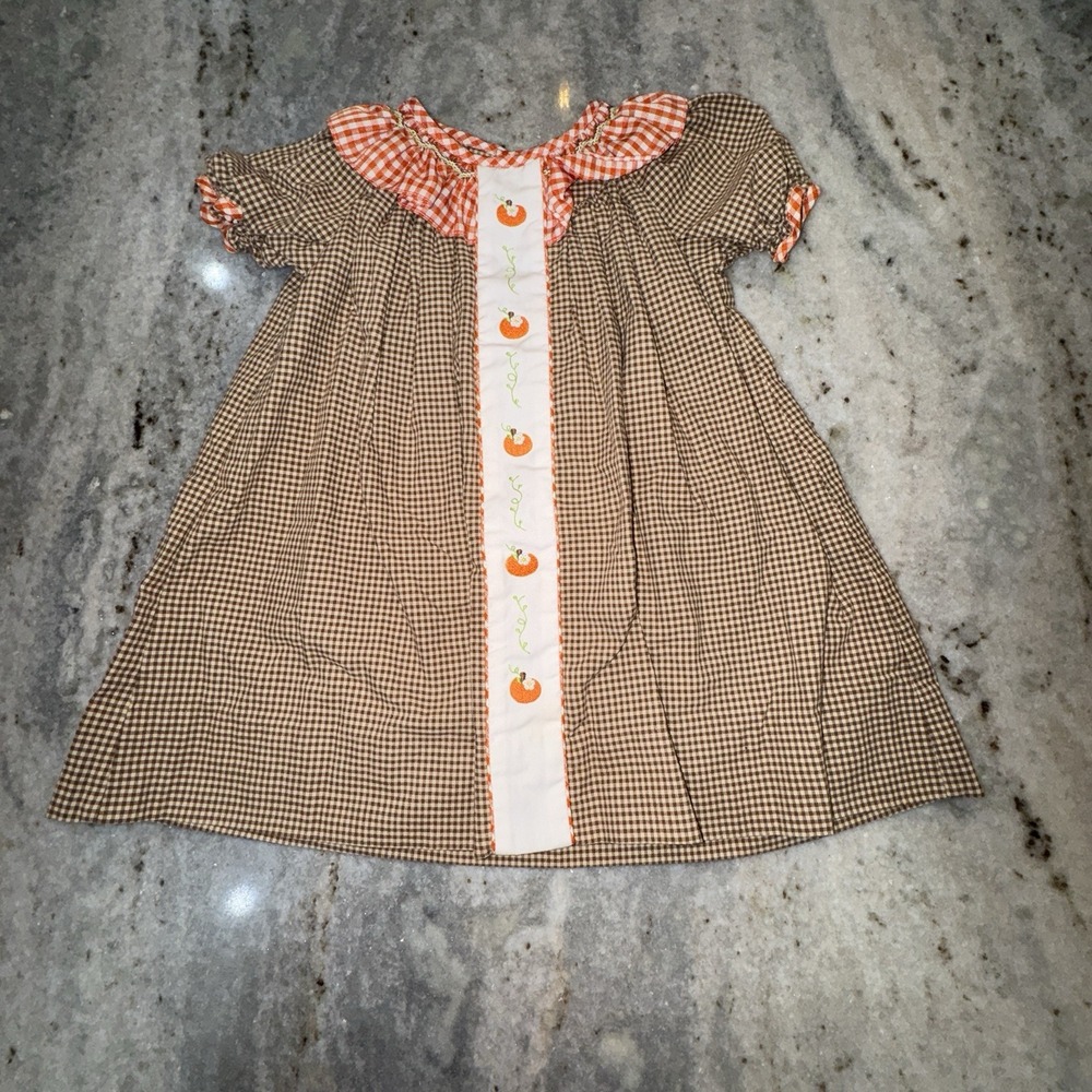 Petit Ami 12 Month Smocked Dress Pumpkins Brown Gingham Fall Autumn Thanksgiving